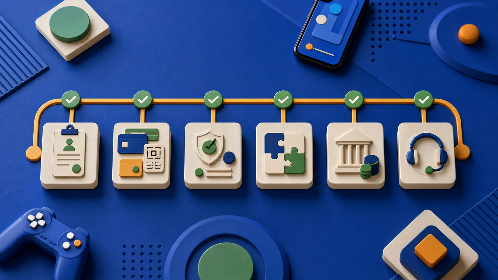 Six connected abstract checkpoints for gaming payment readiness